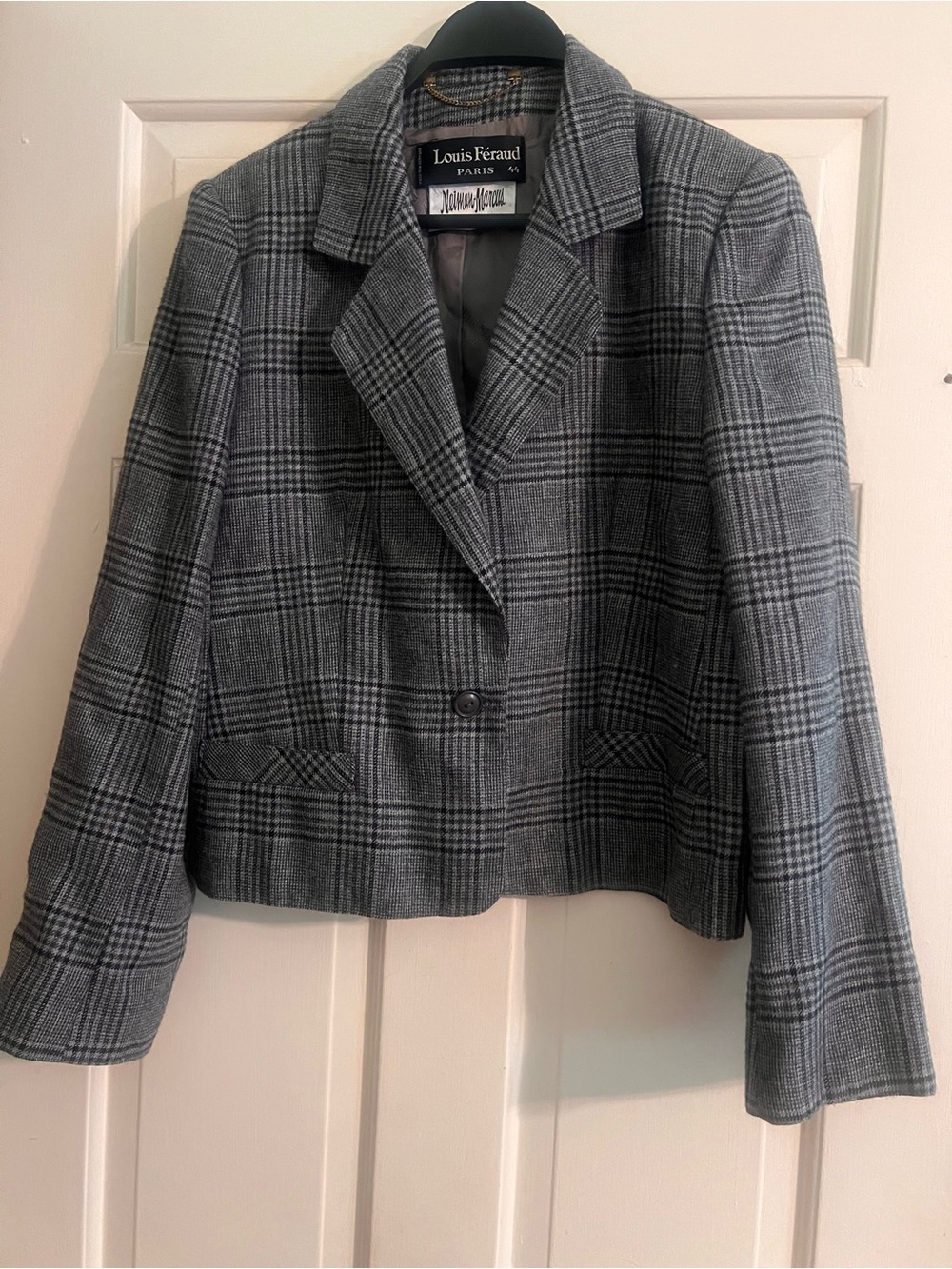 Louis Feraud Gray Plaid Tailored Single-Button Blazer luxe vtg 80s 90s 2000s y2k